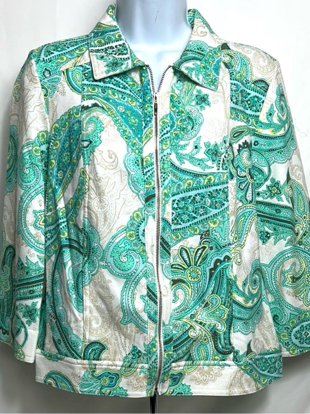 Chico’s Women’s Size Small Full Zip Front Teal White Paisley Print Jacket Top